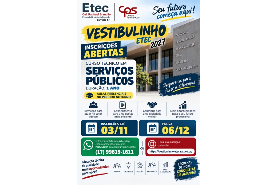 Etec de Barretos abre vestibulinho para técnico em Serviços Públicos com 30 vagas