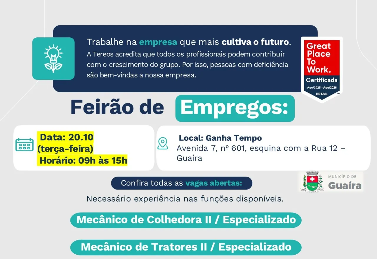 Feirão de emprego em Guaíra acontece hoje com vagas da Tereos; veja endereço e requisitos