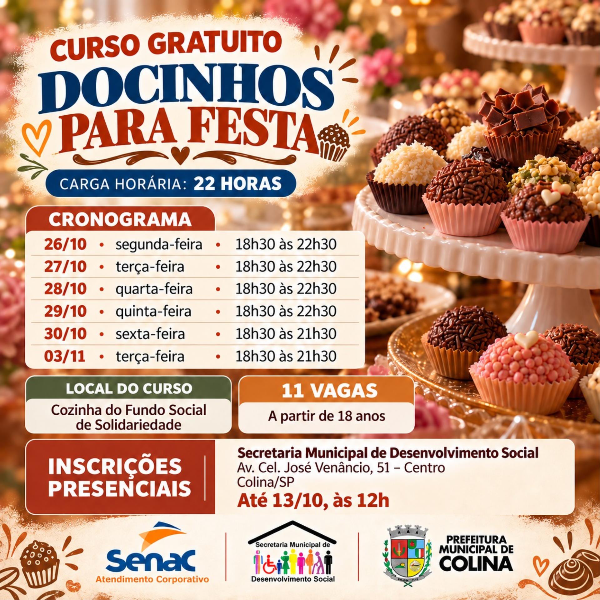 Curso de docinhos em Colina: 11 vagas e prazo dia 13