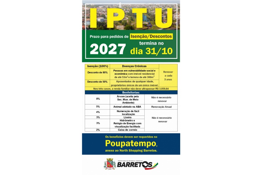 IPTU 2027 em Barretos: prazo para pedir isenção e descontos